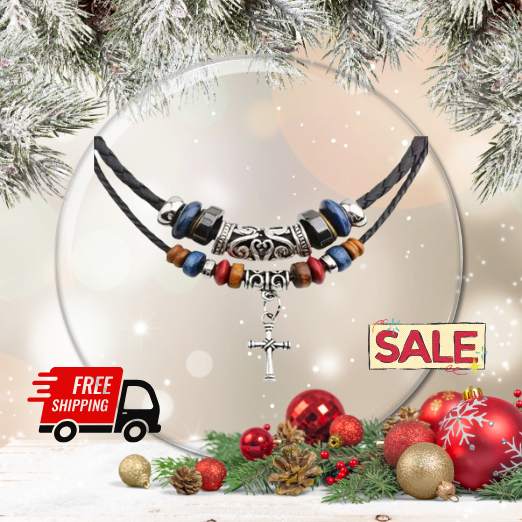 Double Layer Black Tribal Hemp Rope Necklace with Vintage Beads and Cross Pendant