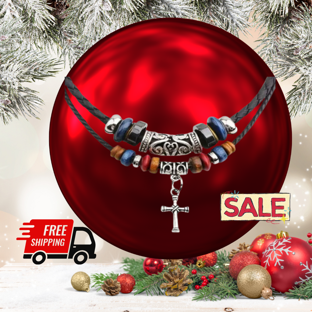 Double Layer Black Tribal Hemp Rope Necklace with Vintage Beads and Cross Pendant