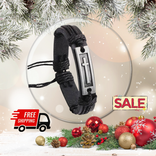 Vintage Cross PU Leather Bracelet for Men Black with Silver Cross