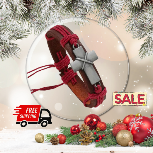 Men's Handmade Red PU leather braided bracelet with Silver Cross Pull Adjustable