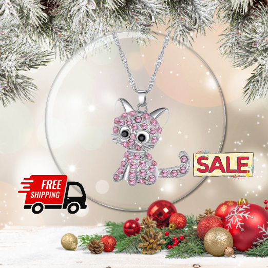Cute Cartoon Rhinestone Cat Pendant Necklace Decorative Accessories PINK CRYSTALS