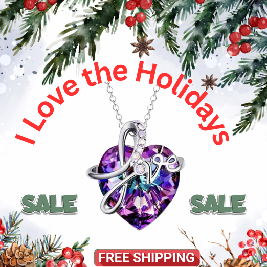 Heart Rhinestone Pendant Necklace PURPLE with Silver Love Cursive