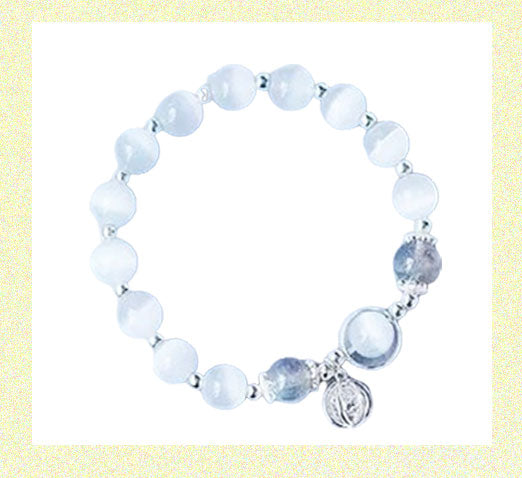 Beaded Luck Bracelet White Beads with Diamond Orb Clear Beads Silver Small Ball Spacer