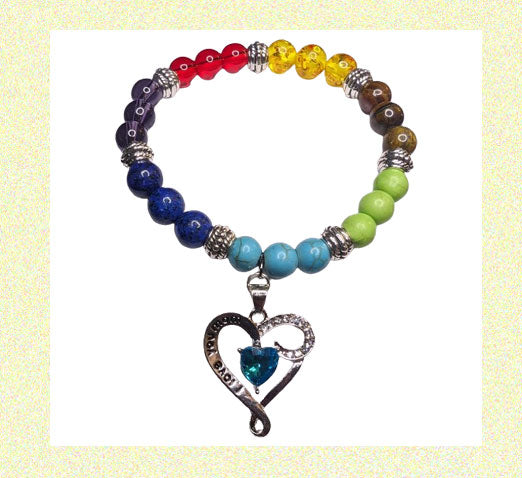 Mom Heart Charm 7 Chakra Healing Balance Bead Bracelet Natural Stone Bracelet Multi color beads with silver spacers