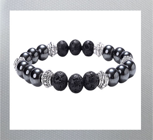 Volcanic Stone Hematite Bracelet and Tiger Eye Beads Bangles. Hematite is known for its grounding and calming properties, while tiger eye is believed to bring good luck and protection. Black rough and Black shiney beads. Men and Women