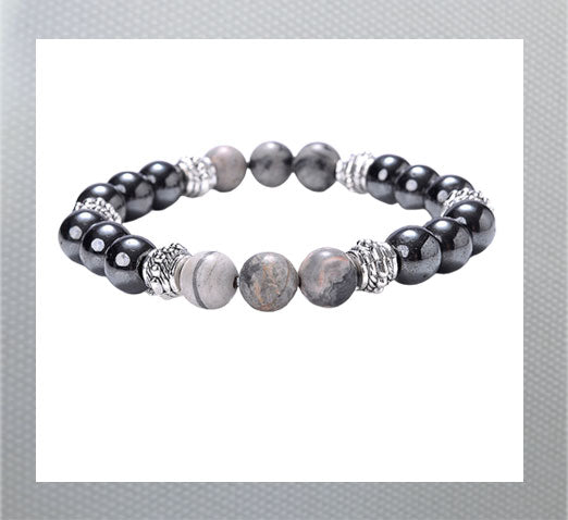 Volcanic Stone Hematite Bracelet and Tiger Eye Beads Bangles. Hematite is known for its grounding and calming properties, while tiger eye is believed to bring good luck and protection. Gray and Black Swirl and Black Shiney Beads. Men and Women