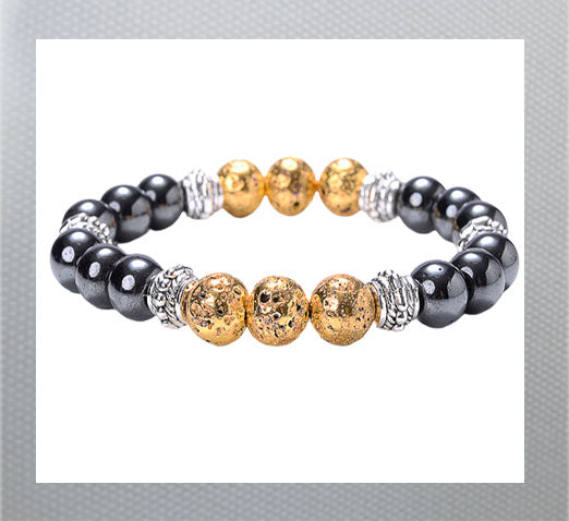 Volcanic Stone Hematite Bracelet and Tiger Eye Beads Bangles. Hematite is known for it grounding and calming properties, while tiger eye is believed to bring good luck and protection. Gold Sparkle and Black Shiney beads. Men and Women