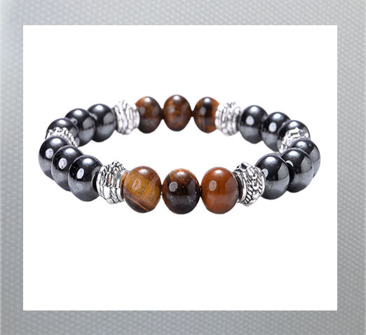 Volcanic Stone Hematite Bracelet and Tiger Eye Beads Bangles. Hematite is known for it grounding and calming properties, while tiger eye is believed to bring good luck and protection. Brown and Black Swirl and Black Shiney beads