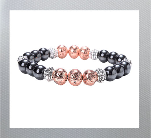 Volcanic Stone Hematite Bracelet and Tiger Eye Beads. Hematite is known for it grounding and calming properties, while tiger eye is believed to bring good luck and protection. Dented Copper and Black Shiney Beads  Men and Women