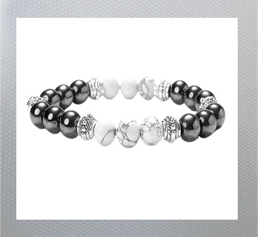 Volcanic Stone Hematite Bracelet and Tiger Eye Beads. Hematite is known for it grounding and calming properties, while tiger eye is believed to bring good luck and protection. White and Black Swirl and Black Shiney beads. Men and Women (Copy)