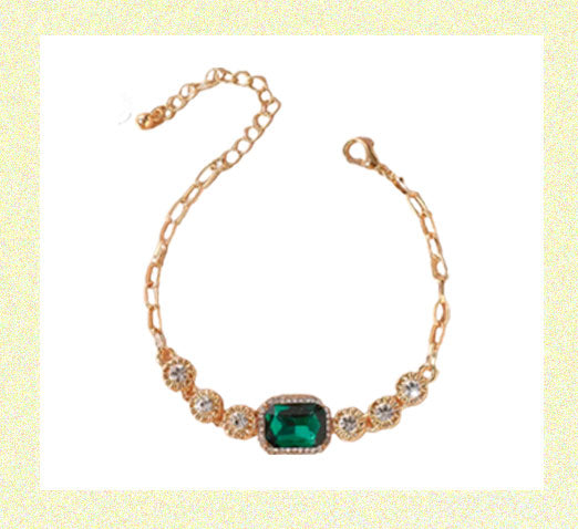 Gold Simple Chain Inlaid Shiny Synthetic Gems Adjustable Allot Bracelet Emerald Green