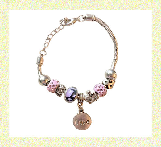 Silver Beaded Charm Bracelet with Love Charm