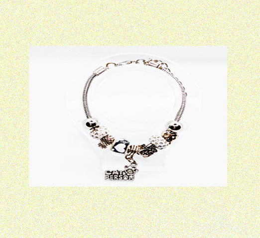 Silver, White, and Black Beaded Charm Bracelet with Cat Person Silver Charm