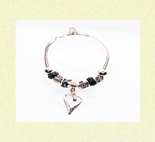 Silver Beaded Charm Bracelet Rhinestones & Glass Silver and Black