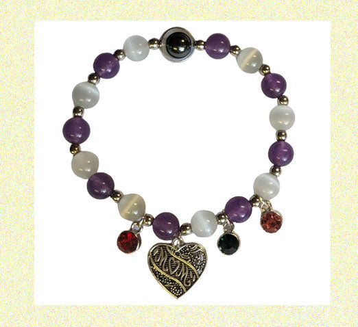 Natural Amethyst and White beads with silver ball spacers with Hermatite bead with silver orb ring MOM Charm Birth Stone Crystals