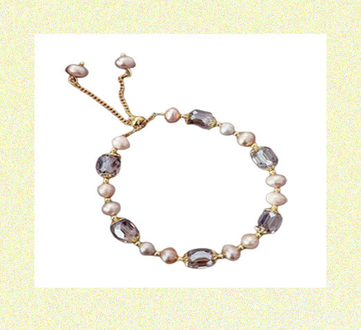 Vintage Faux Pearl Bracelet with Light Purple Clear Beads Gold