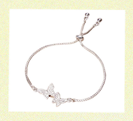 Double Butterfly Chain Bracelet Inlaid Shunt Rhinestones Adjustable Copper Hand Jewelry Slider Close Silver