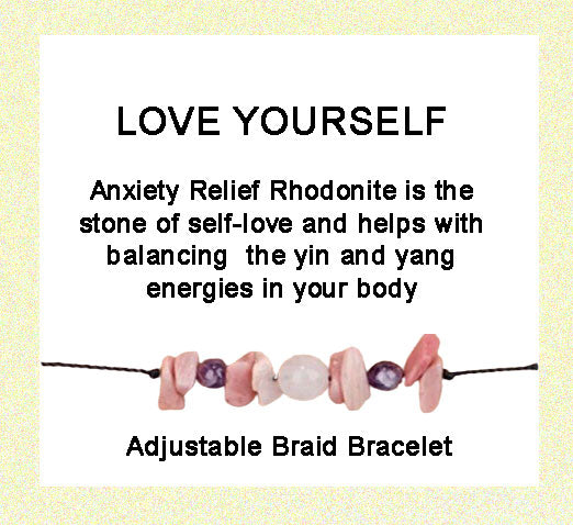 Adjustable Braid Bracelet Anxiety Relief Rhodonite is the stone of self-love and helps with balancing the yin and yang energies in your body
