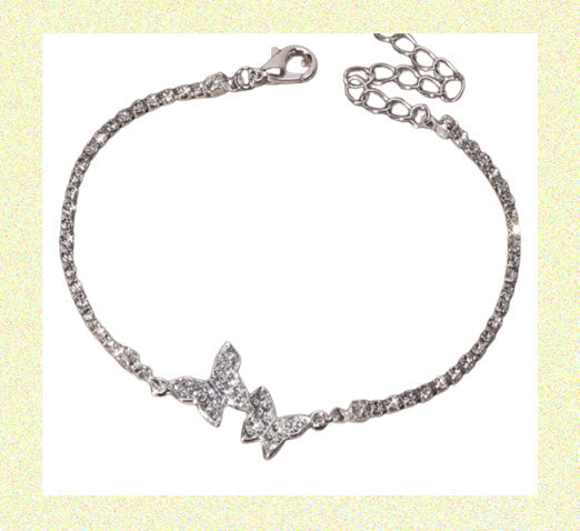 Silver Double Butterfly Chain Bracelet Rhinestones Adjustable Claw Clasp Silver