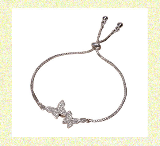 Double Butterfly Chain Bracelet with Rhinestones Adjustable Pull Type Silver