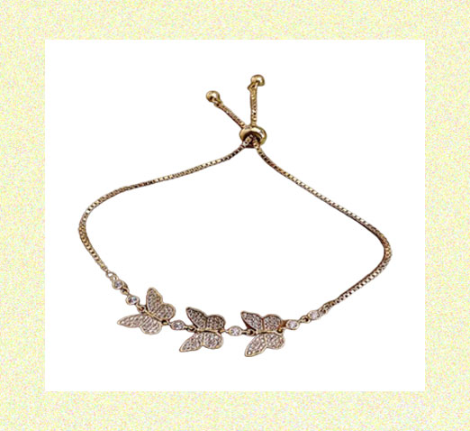 Triple Butterfly Chain Bracelet Rhinestones Adjustable Pull Bracelet Gold