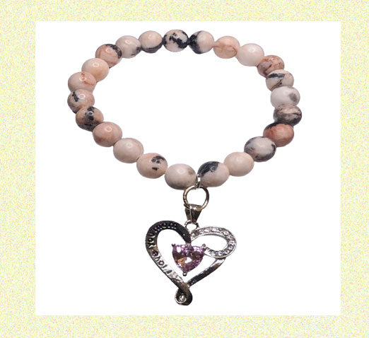Beaded Pink Zebra Bracelet for Mom Pink Crystal Heart Charm