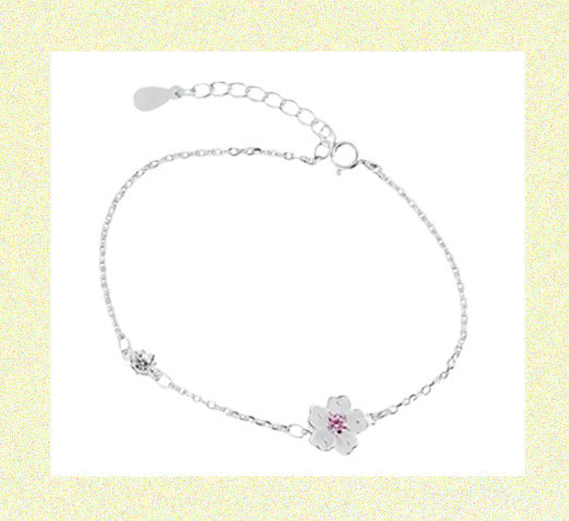 Silver Zircon Inlaid Cherry Blossom Bracelet Pink Zircon