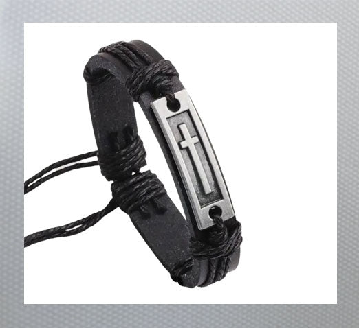 Vintage Cross PU Leather Bracelet for Men Black with Silver Cross