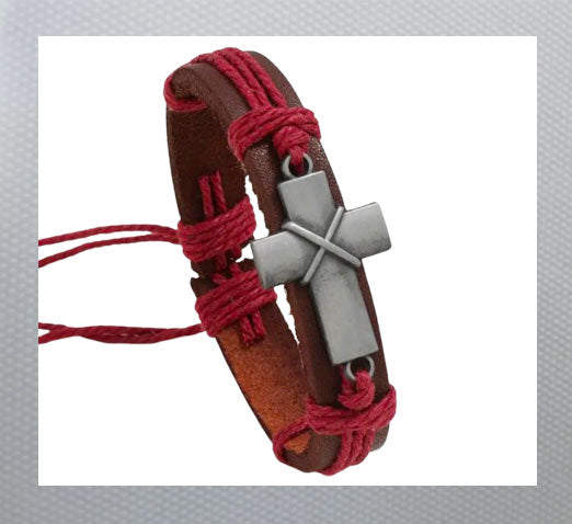 Men's Handmade Red PU leather braided bracelet with Silver Cross Pull Adjustable