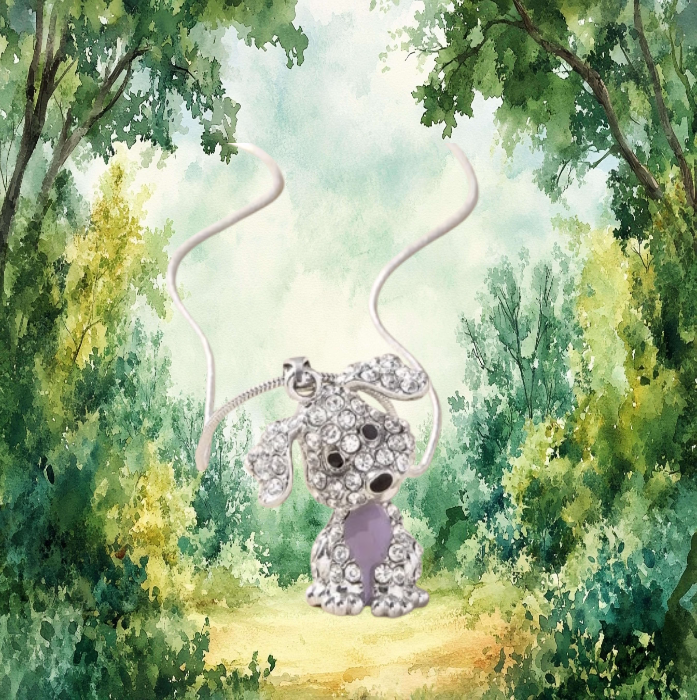 Cute Rhinestone Puppy Zircon Rendant Necklace WHITE with light purple stone for stomach Silver