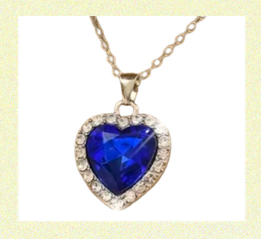Heart Pendant Necklace Sparkling Elegant Sapphire Rhinestone Crystal on Gold Chain