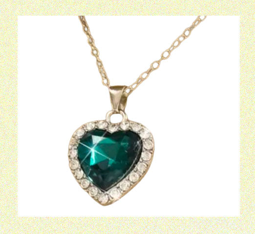 Heart Pendant Necklace Sparkling Elegant Green Rhinestone Crystal on Gold Chain
