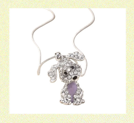Cute Rhinestone Puppy Zircon Rendant Necklace WHITE with light purple stone for stomach Silver