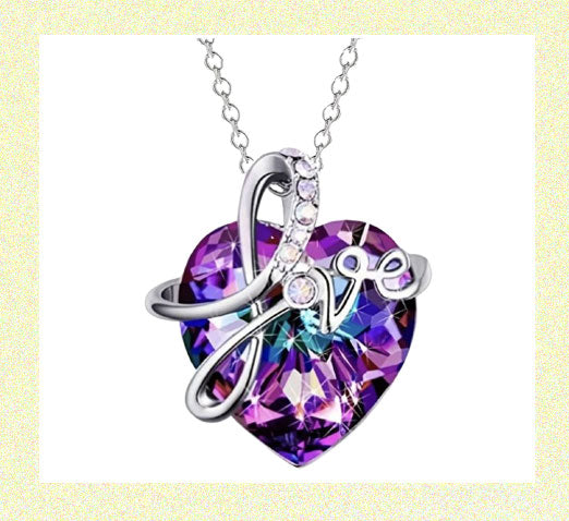 Heart Rhinestone Pendant Necklace PURPLE with Silver Love Cursive