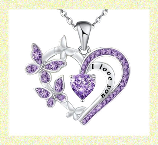 Elegant Glitter Purple Silver Heart Butterfly Pendant Necklace PURPLE