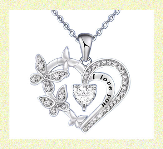 Elegant Glitter Silver Heart Butterfly Pendant Necklace Alloy Glass SILVER