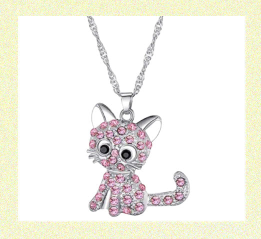 Cute Cartoon Rhinestone Cat Pendant Necklace Decorative Accessories PINK CRYSTALS