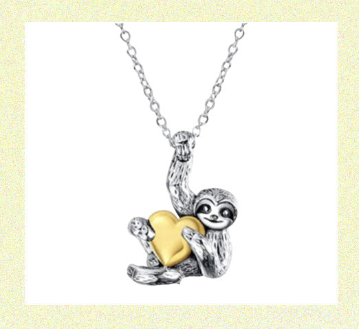 Cute Cartoon Heart Hugging Sloth Pendant Necklace SLIVER WITH GOLDEN HEART