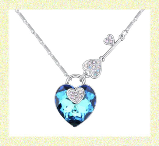 Heart Rhinestone Pendant with Key Necklace BLUE