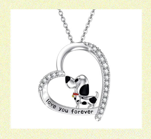 Cute Dotted Dog Heart shaped Puppy Necklace with Love you Forever Alloy Plated White SILVER