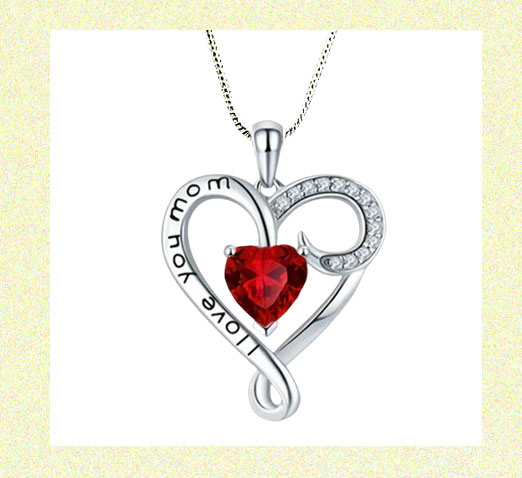 Rhinestone Heart shaped Lettering Necklace, "I Love You Mom" Plated White K Alloy RED Glass 18" and 20" Chain