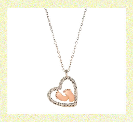 Mama to Be Baby Feet Heart Necklace Electroplated Copper Synthetic Zircon Necklace