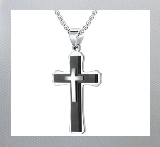 Classic Cross Pendant Necklace, Jewelry Black and Silver Alloy Silver Plated Stainless Steel 24" Chain