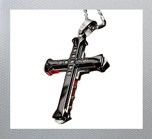 Men's Cross Pendant, Silver and Black Stainless Steel Silver Plated Rhinestones Necklace Silver 24" Chain