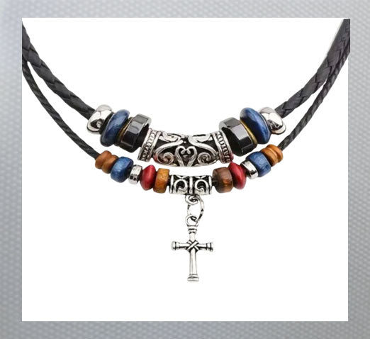 Double Layer Black Tribal Hemp Rope Necklace with Vintage Beads and Cross Pendant