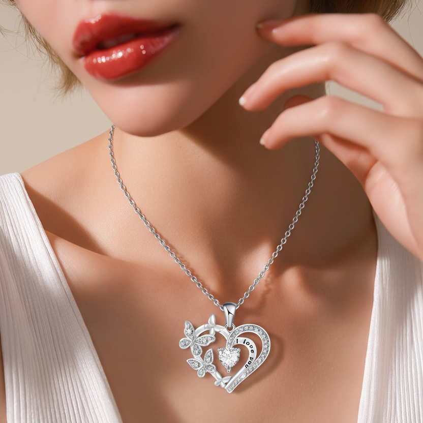 Elegant Glitter Silver Heart Butterfly Pendant Necklace Alloy Glass SILVER