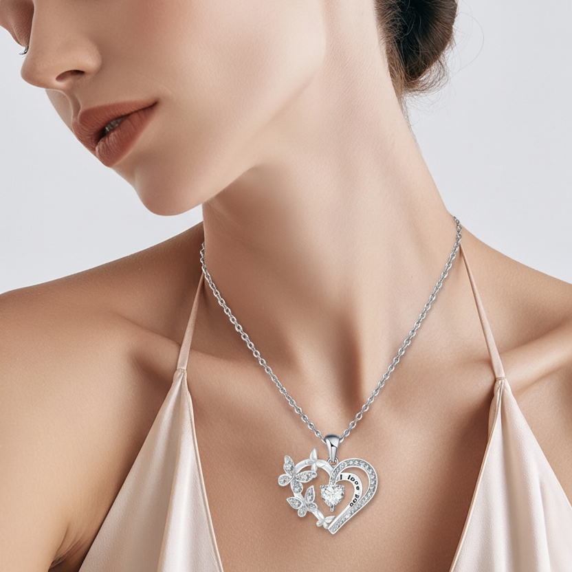 Elegant Glitter Silver Heart Butterfly Pendant Necklace Alloy Glass SILVER
