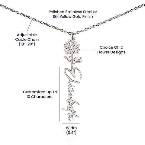 Flower Name Necklace with Customizable Birth Flower Design Handcrafted from High-Quality Materials Gold or Silver
