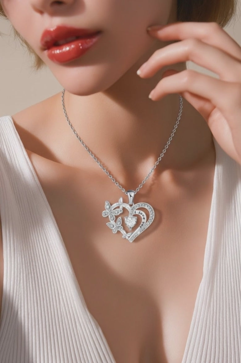 Elegant Glitter Silver Heart Butterfly Pendant Necklace Alloy Glass SILVER